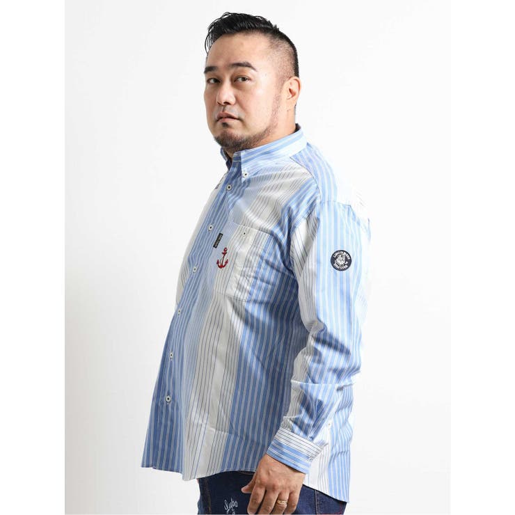 【大きいサイズ】シナコバ/SINA COVA 綿パネルストライプ柄長袖シャツ