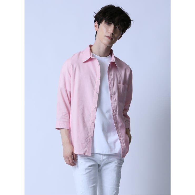 11ピンク | リネン混 レギュラーカラー7分袖シャツ | TAKA-Q MEN