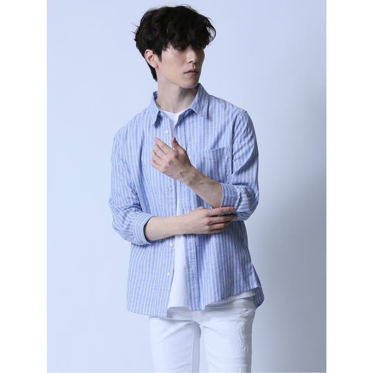 70青 | リネン混 レギュラーカラー7分袖シャツ | TAKA-Q MEN