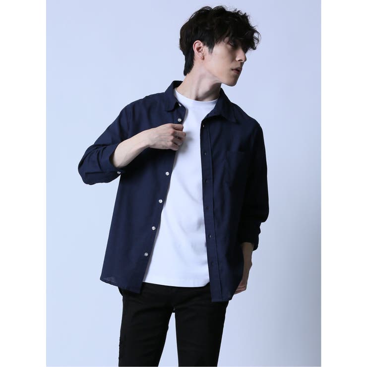 75紺 | リネン混 レギュラーカラー7分袖シャツ | TAKA-Q MEN