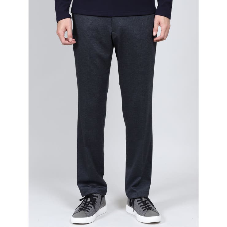 ニットストレッチ チェック柄トラウザース 紺[品番：TKQJ0013351