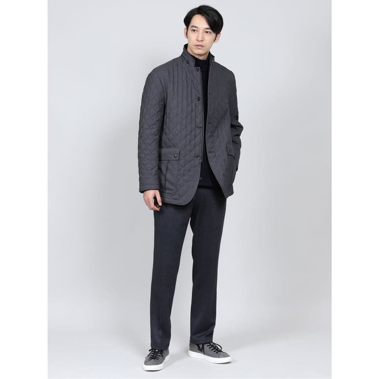 ニットストレッチ チェック柄トラウザース 紺[品番：TKQJ0013351