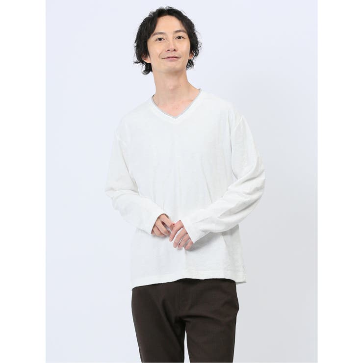 01白 | リンクスアーガイル フェイクVネック長袖Tシャツ | TAKA-Q MEN