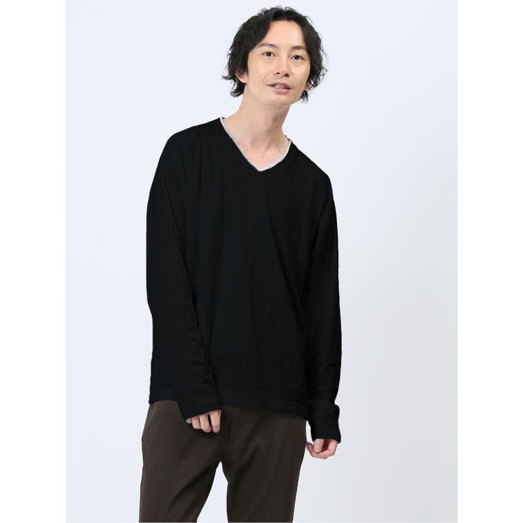 05黒 | リンクスアーガイル フェイクVネック長袖Tシャツ | TAKA-Q MEN