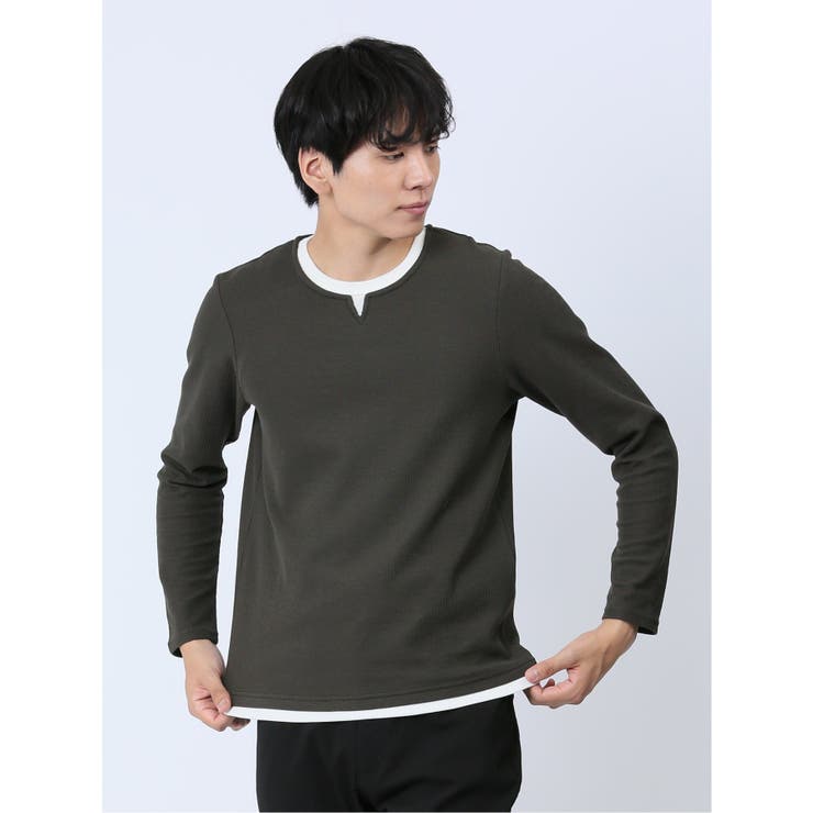 54カーキ | メランジ フェイクキーネック 長袖ニットソー | TAKA-Q MEN