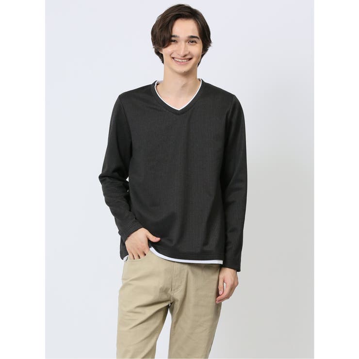 マイクロヘリンボンジャガード Vネック長袖Tシャツ | TAKA-Q MEN | 詳細画像1 