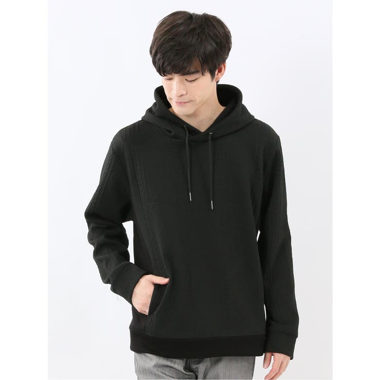 05黒 | ふくれジャガード 切替 長袖プルパーカー | TAKA-Q MEN