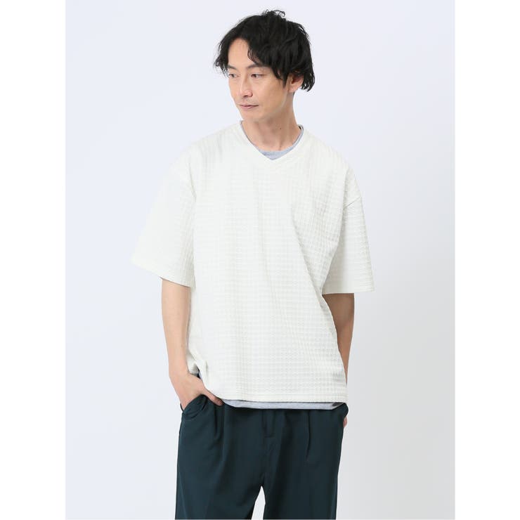 01白 | 千鳥ジャガード フェイクVネック半袖Tシャツ | TAKA-Q MEN