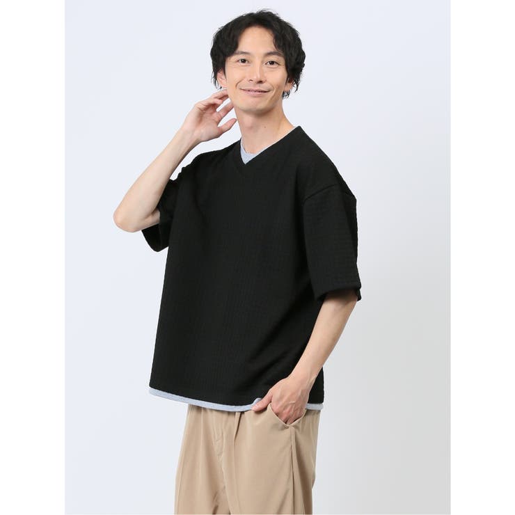 05黒 | 千鳥ジャガード フェイクVネック半袖Tシャツ | TAKA-Q MEN