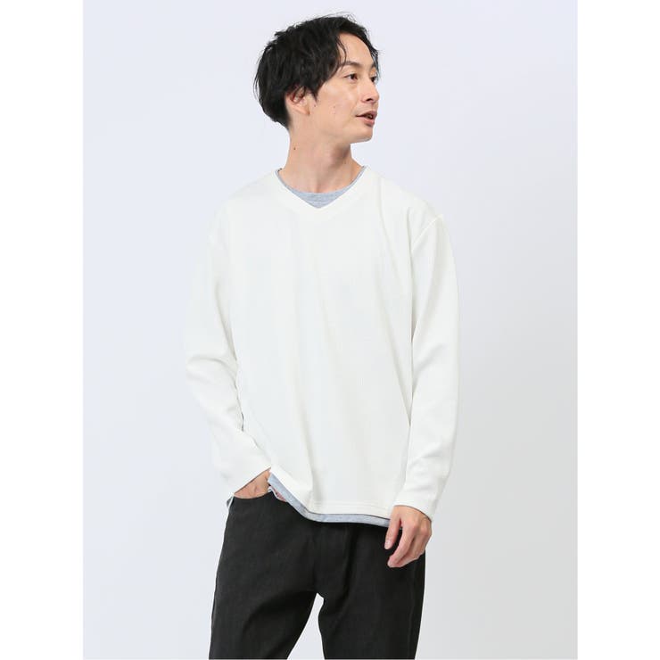 01白 | ダイアゴナル フェイクVネック長袖Tシャツ | TAKA-Q MEN