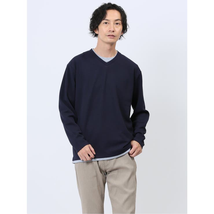 75紺 | ダイアゴナル フェイクVネック長袖Tシャツ | TAKA-Q MEN