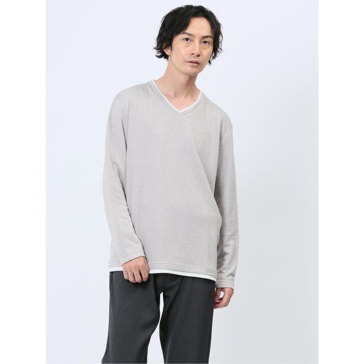 03ライトグレー | メランジジャガード フェイクVネック長袖Tシャツ | TAKA-Q MEN
