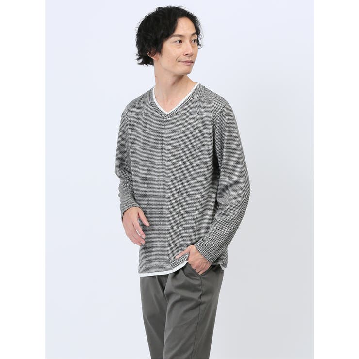 07白黒 | メランジジャガード フェイクVネック長袖Tシャツ | TAKA-Q MEN