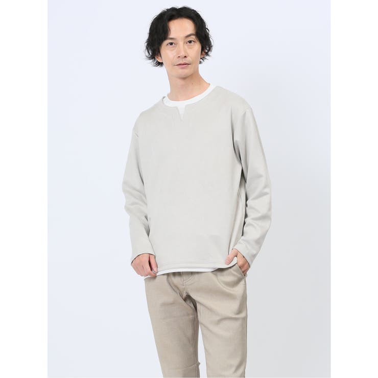 03ライトグレー | カットスエード フェイクキーネック長袖Tシャツ | TAKA-Q MEN