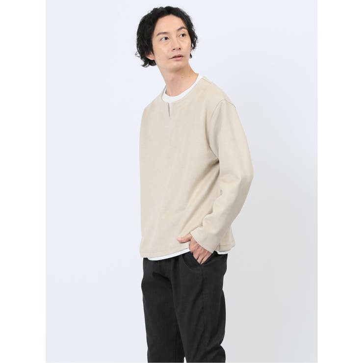 33ベージュ | カットスエード フェイクキーネック長袖Tシャツ | TAKA-Q MEN