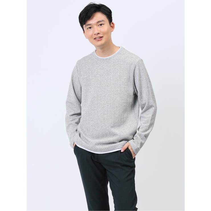 07白黒 | ヘリンボンジャガード フェイククルーネック長袖Tシャツ | TAKA-Q MEN