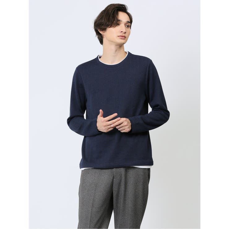 75紺 | ヘリンボンジャガード フェイククルーネック長袖Tシャツ | TAKA-Q MEN