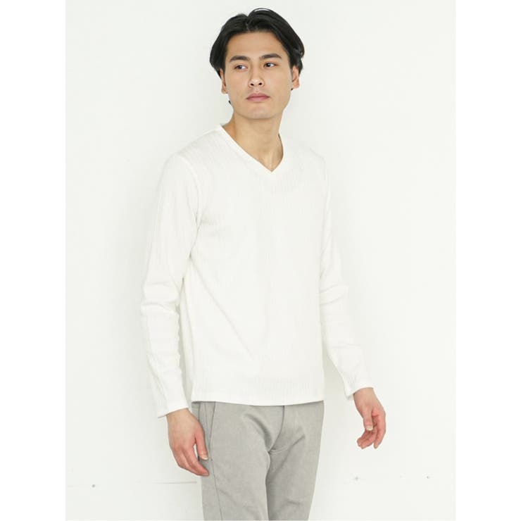 ふくれジャガード ケーブル柄 Vネック長袖Ｔシャツ | TAKA-Q MEN | 詳細画像1 