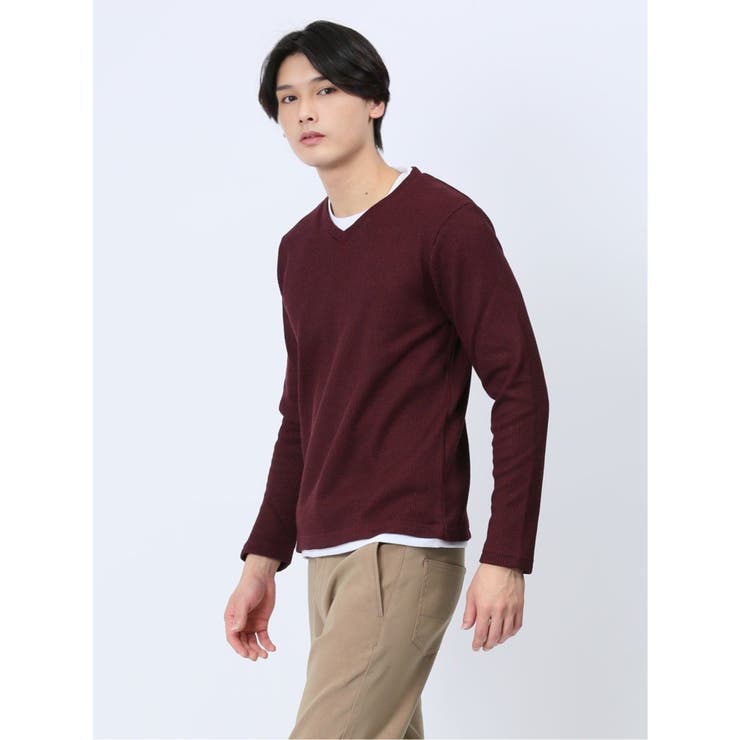 14ワイン | ワッフル裏起毛 フェイクVネック長袖Tシャツ | TAKA-Q MEN