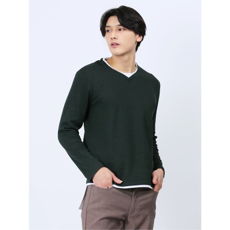 50緑 | ワッフル裏起毛 フェイクVネック長袖Tシャツ | TAKA-Q MEN