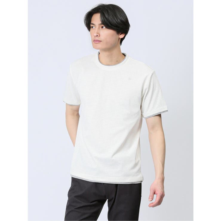 01白 | リンクス千鳥 フェイククルーネック半袖Tシャツ | TAKA-Q MEN