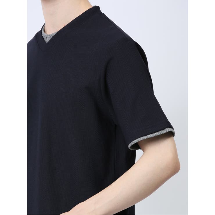 リンクス縦柄 フェイクVネック半袖Tシャツ | TAKA-Q MEN | 詳細画像10 