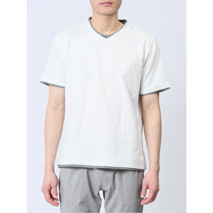 リンクス縦柄 フェイクVネック半袖Tシャツ | TAKA-Q MEN | 詳細画像18 