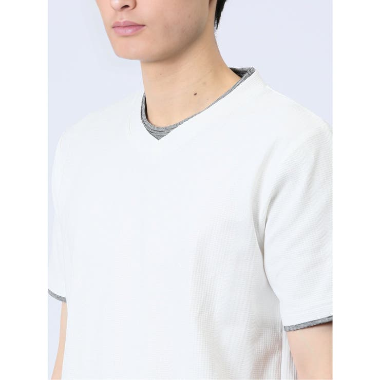 リンクス縦柄 フェイクVネック半袖Tシャツ | TAKA-Q MEN | 詳細画像21 