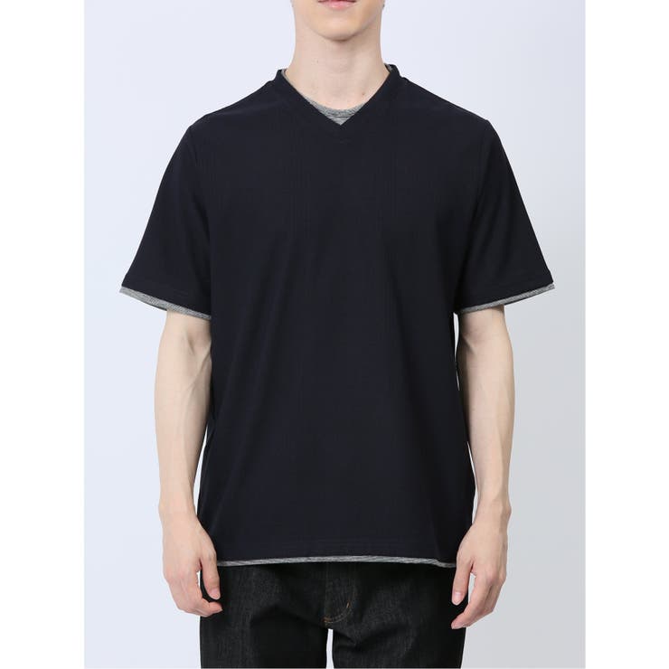 リンクス縦柄 フェイクVネック半袖Tシャツ | TAKA-Q MEN | 詳細画像6 