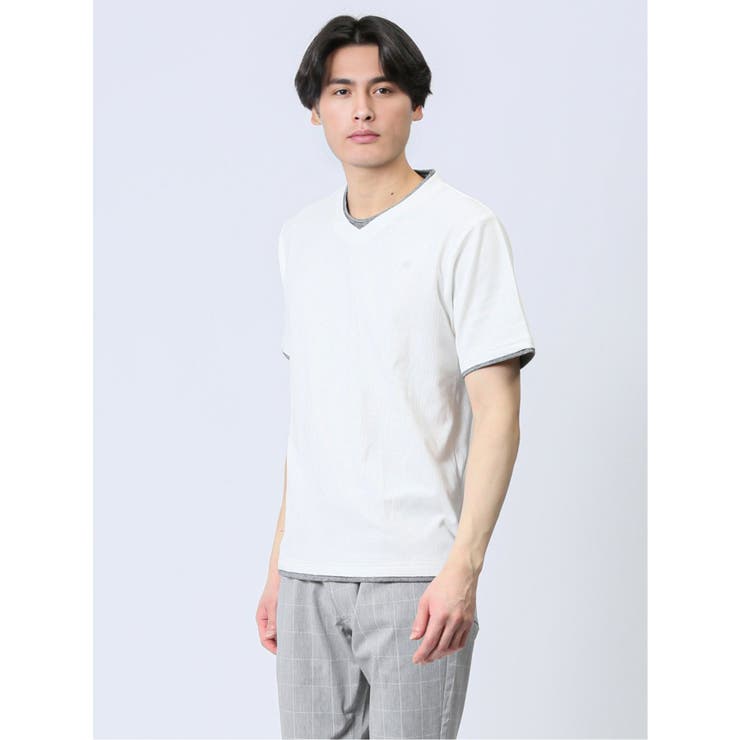 01白 | リンクス縦柄 フェイクVネック半袖Tシャツ | TAKA-Q MEN