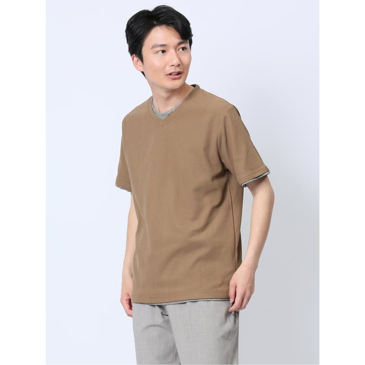 33ベージュ | リンクス縦柄 フェイクVネック半袖Tシャツ | TAKA-Q MEN