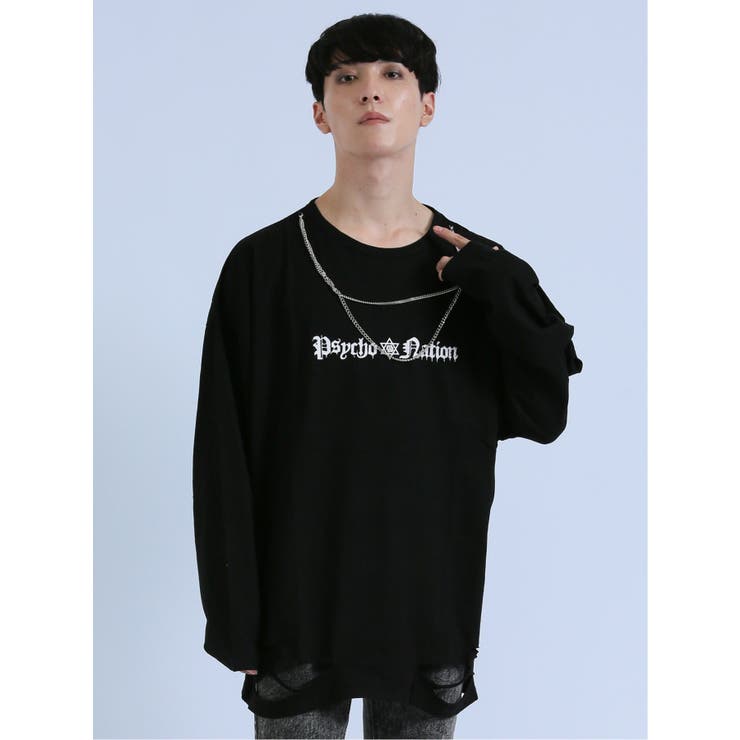 05黒 | SD×PSYCHONATION チェーンアイコンダメージ クルー長袖Tシャツ | TAKA-Q MEN