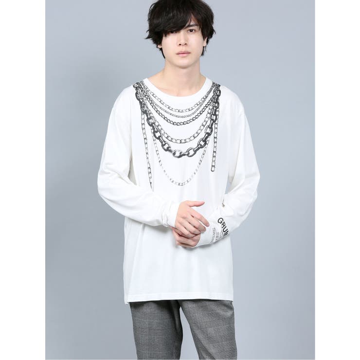 ネックレスプリント クルーネック長袖ゆるTシャツ