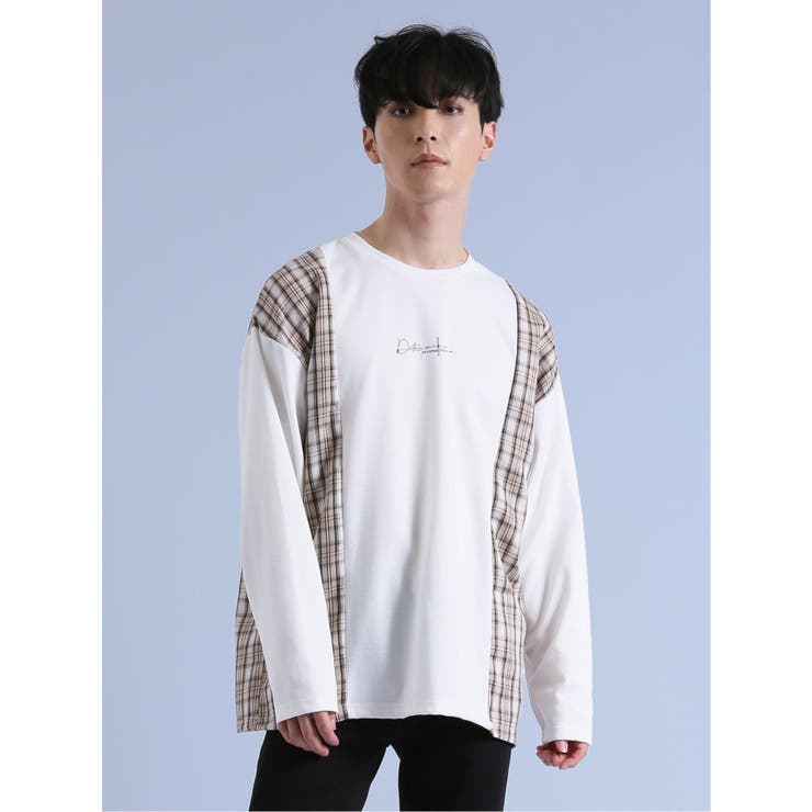 01白 | サイドチェック クルーネック長袖Tシャツ | TAKA-Q MEN
