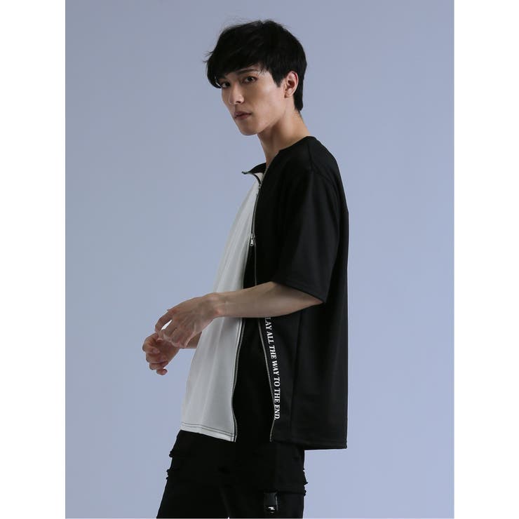 斜めZIP クルーネック半袖ルーズTシャツ[品番：TKQJ0019280