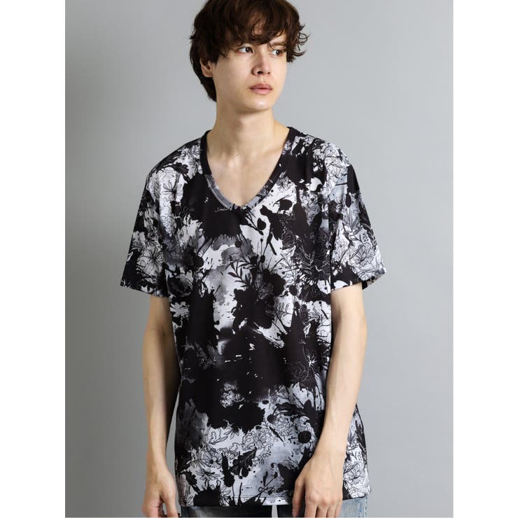 シェラック SHELLAC Tシャツ 全日本送料無料 総柄グラフィックVネック半袖Tシャツ 驚きの価格が実現