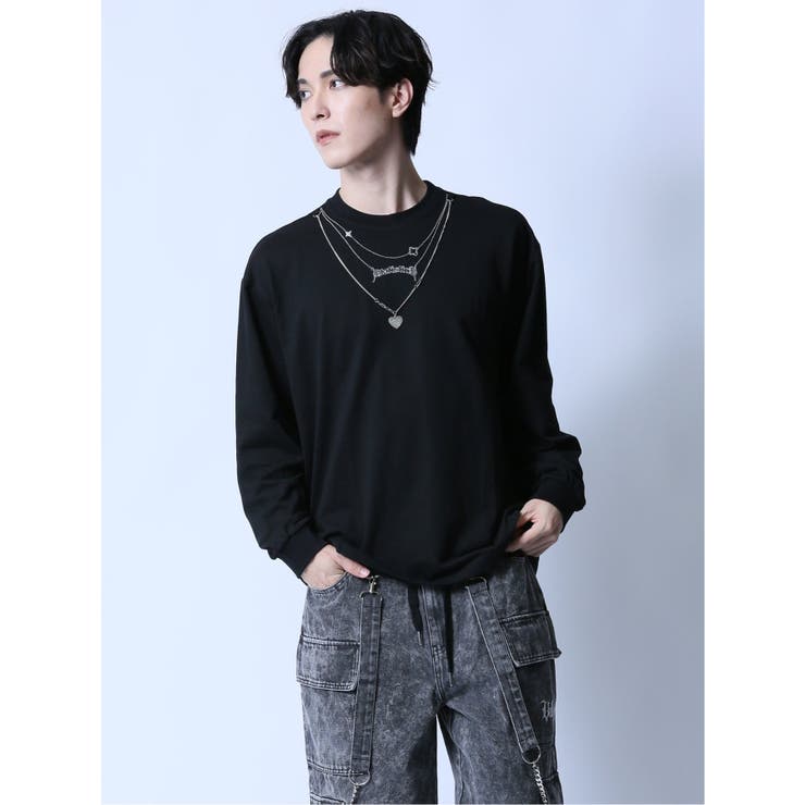 05黒 | ネックレス付き クルーネック長袖Tシャツ | TAKA-Q MEN