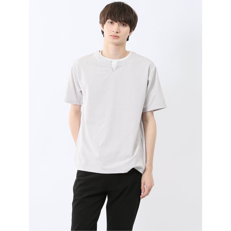 03ライトグレー | ヘリンボンジャガード キーネック半袖Tシャツ | TAKA-Q MEN