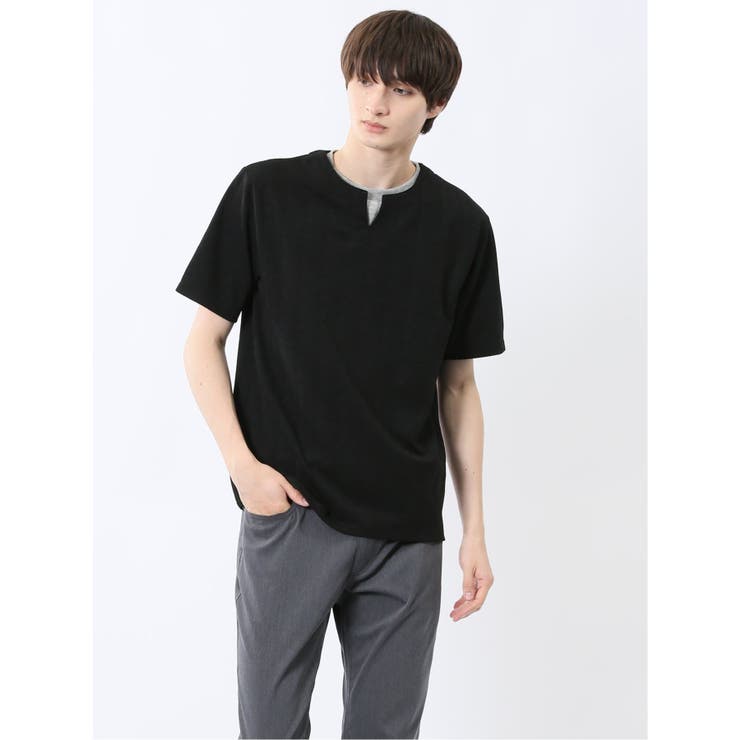 05黒 | ヘリンボンジャガード キーネック半袖Tシャツ | TAKA-Q MEN