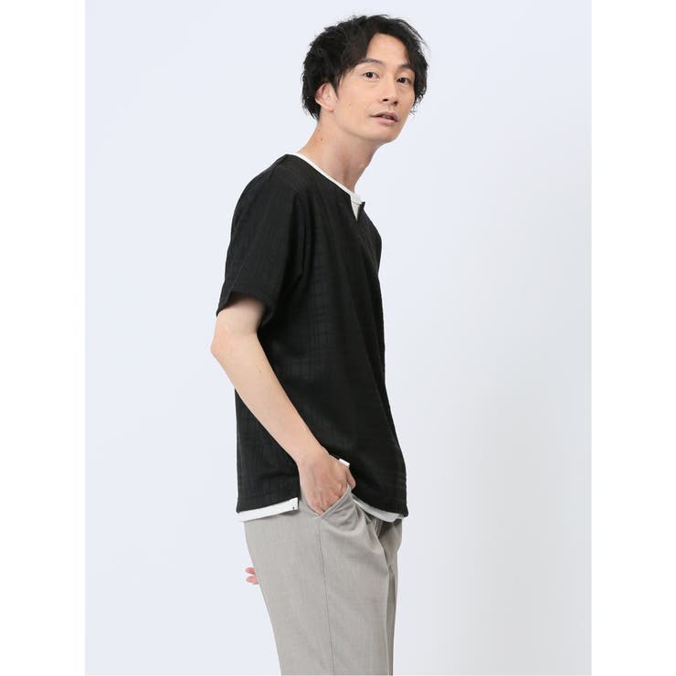 ふくれジャガード フェイクキーネック半袖Tシャツ | TAKA-Q MEN | 詳細画像4 