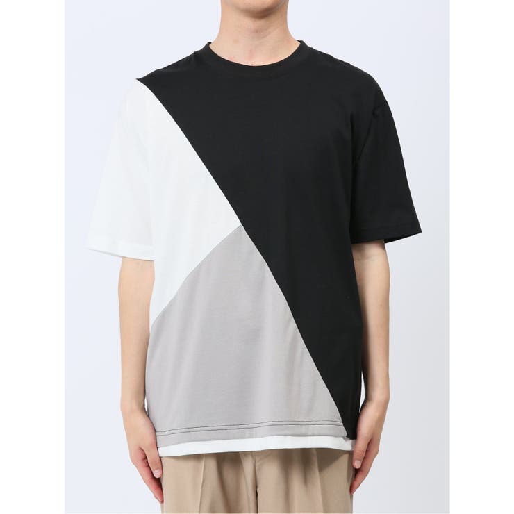 斜め切替 クルーネック半袖Tシャツ[品番：TKQJ0022777]｜TAKA-Q
