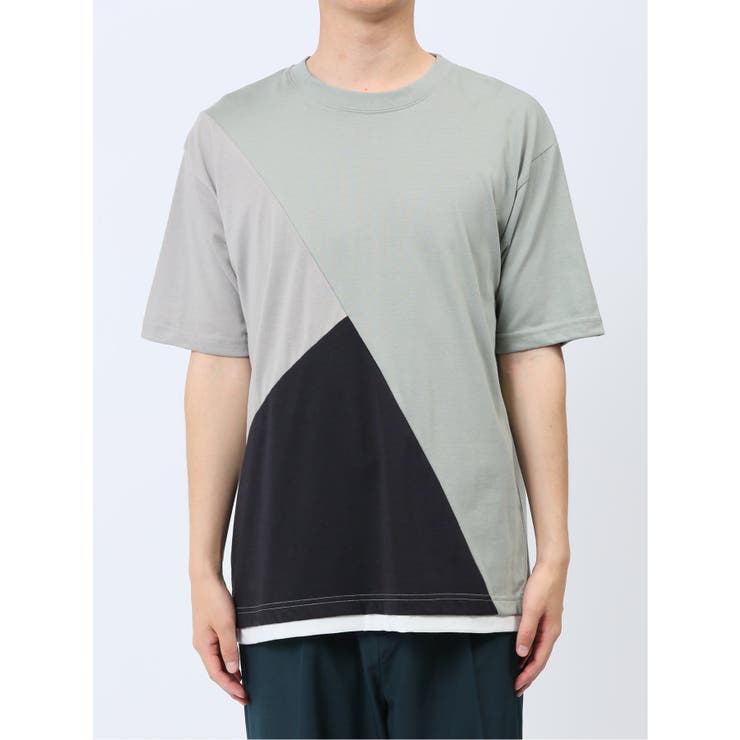 斜め切替 クルーネック半袖Tシャツ[品番：TKQJ0022777]｜TAKA-Q