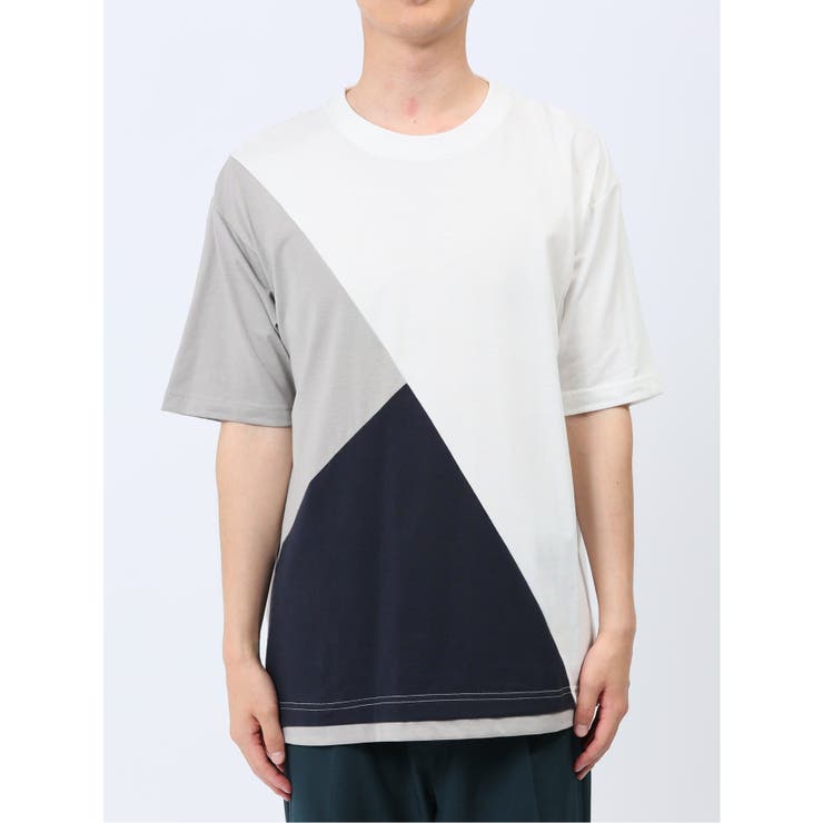 斜め切替 クルーネック半袖Tシャツ[品番：TKQJ0022777]｜TAKA-Q