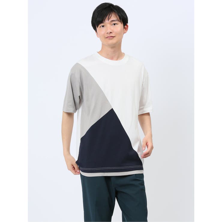 01白 | 斜め切替 クルーネック半袖Tシャツ | TAKA-Q MEN