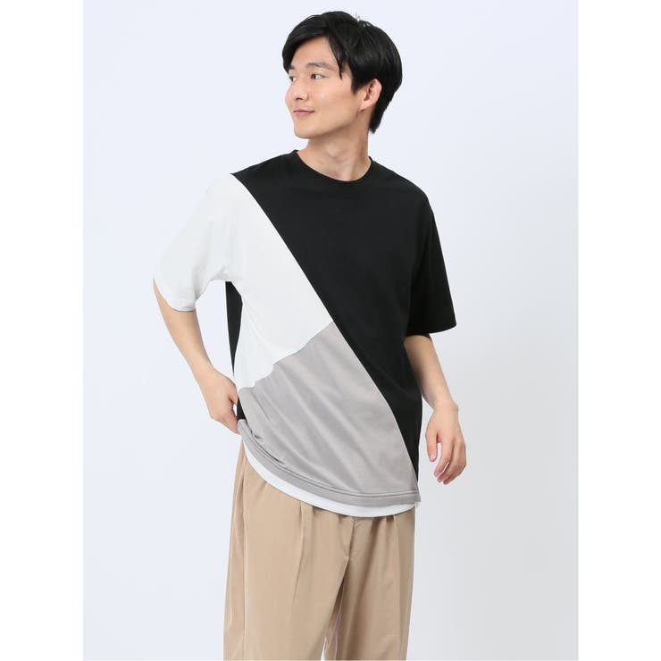 05黒 | 斜め切替 クルーネック半袖Tシャツ | TAKA-Q MEN