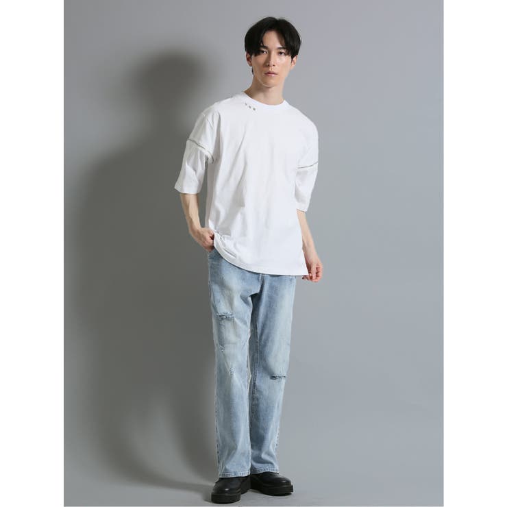 袖ファスナー クルーネック半袖ルーズTシャツ[品番