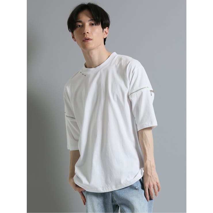 袖ファスナー クルーネック半袖ルーズTシャツ[品番