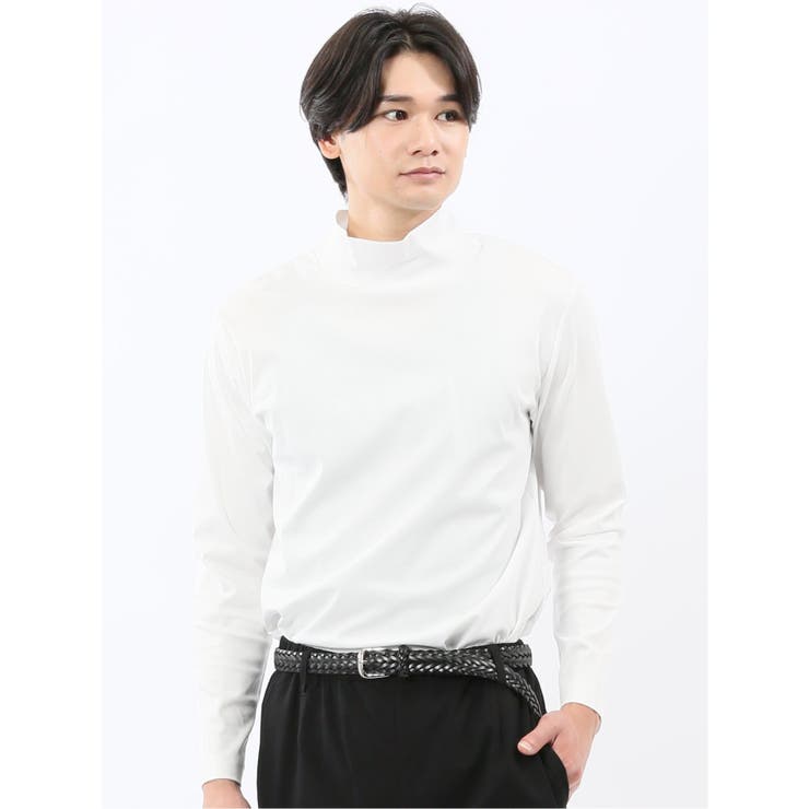 01白 | 【DRESS T-SHIRT】シルケットスムス ハイネック 長袖Tシャツ | TAKA-Q MEN