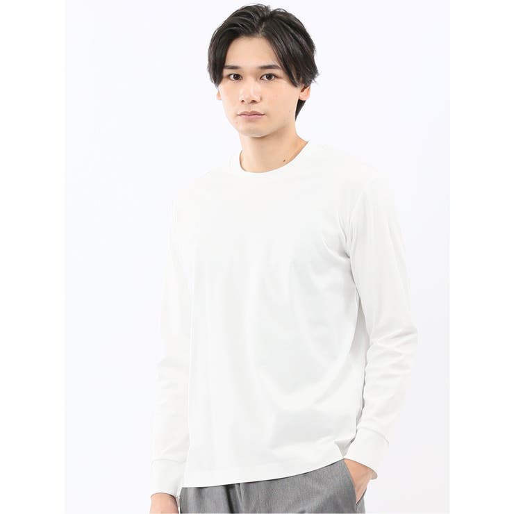 01白 | 【DRESS T-SHIRT】シルケットスムス スロープネック 長袖Tシャツ | TAKA-Q MEN