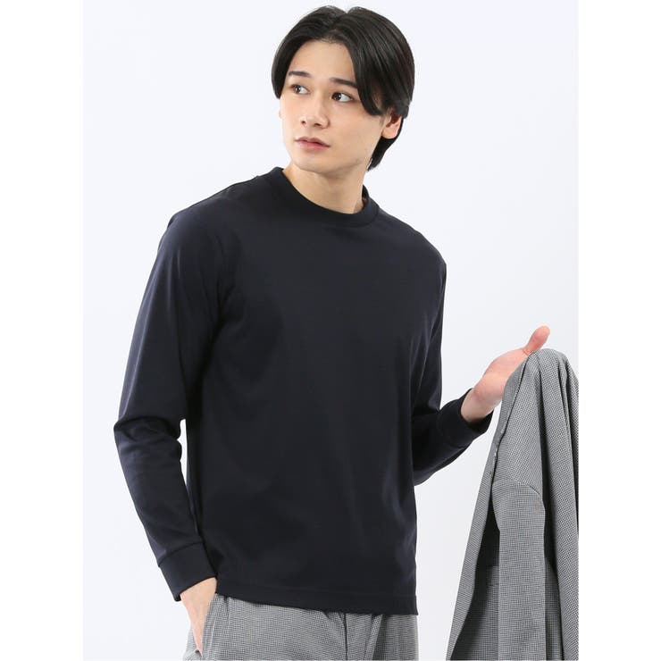 75紺 | 【DRESS T-SHIRT】シルケットスムス スロープネック 長袖Tシャツ | TAKA-Q MEN